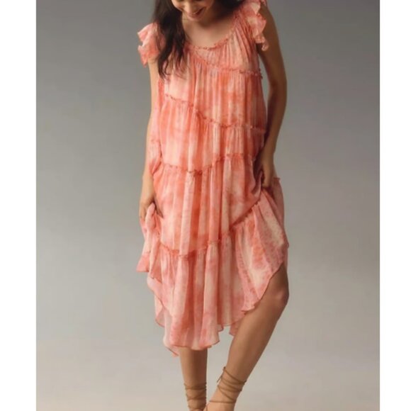 Anthropologie Size Small Coral Asymmetrical Tunic Midi Dress Boho Relaxed Coast - Picture 1 of 11